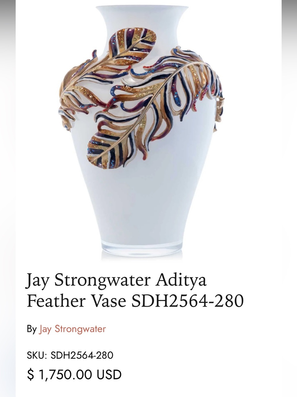 Jay Strongwater White Vase with Gold and Multicolor Feather Appliqués